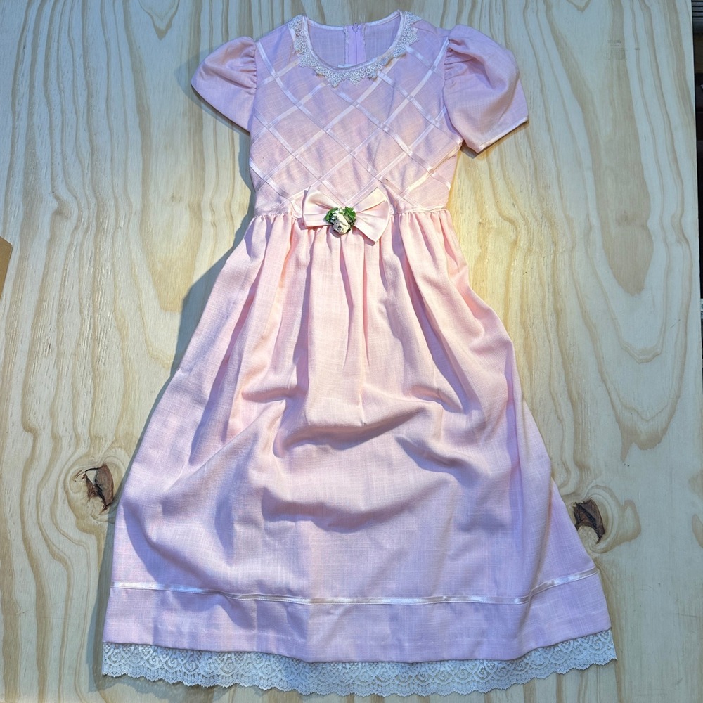 Bonnie Jean Kids Pink Lattice Ribbon Lace Accent Bow A-Line Easter Dress Size 10
